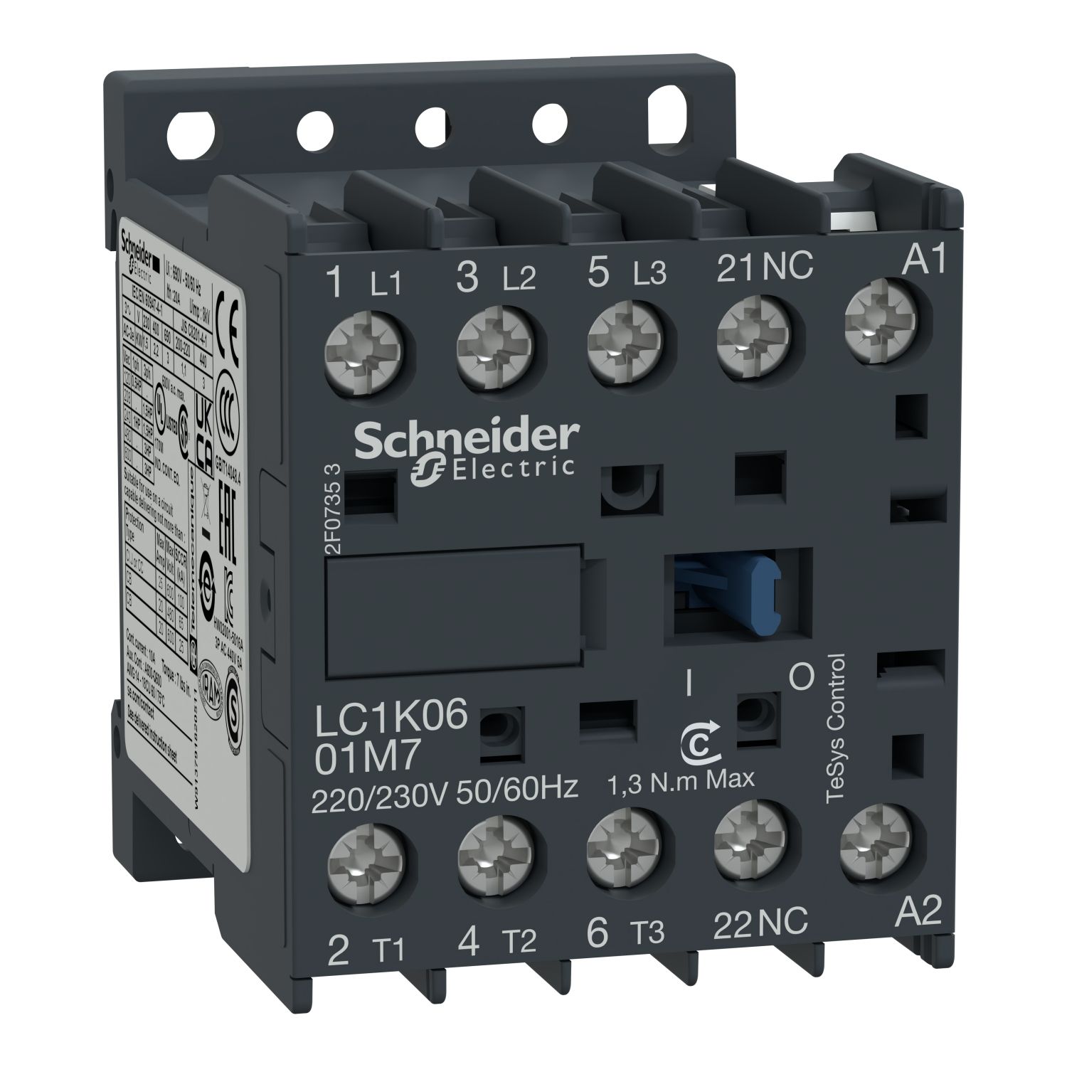 Picture of Contactor, TeSys K, 3P, AC-3/AC-3e,440V 6A, aux. 1NC, 110V AC coil