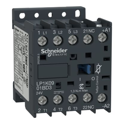 Picture of Contactor, TeSys K, 3P, AC-3/AC-3e, 440V, 9A, 1NC aux, 24V DC coil,with integral suppression device