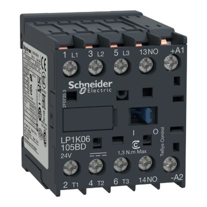 Picture of Contactor, TeSys K, 3P, AC-3/AC-3e, 440V, 9A, 1NO aux, 24V DC coil,solder pins