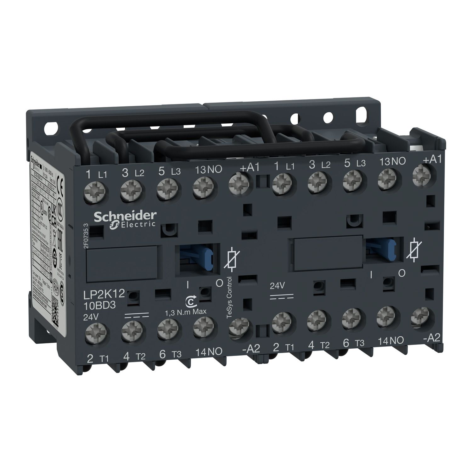 Picture of reversing Contactor, TeSys K, 3P, AC-3/AC-3e,440V 12A, 1NO, 24V DC coil,with integral suppression device