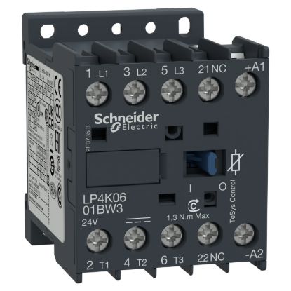 Picture of Contactor, TeSys K, 3P, AC-3/AC-3e, 440V, 6A, 1NC aux, 24V DC low consumption coil