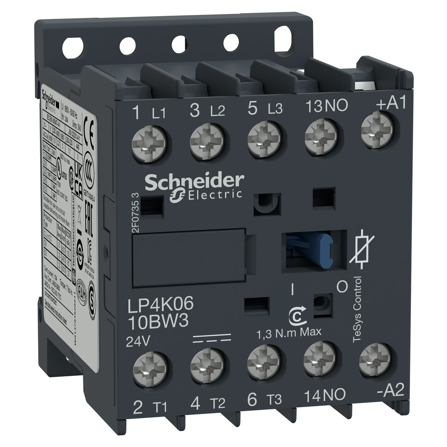 Picture of Contactor, TeSys K, 3P, AC-3/AC-3e, 440V, 6A, 1NO aux, 24V DC low consumption coil