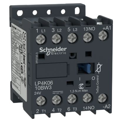 Picture of Contactor, TeSys K, 3P, AC-3/AC-3e, 440V, 6A, 1NO aux, 24V DC low consumption coil