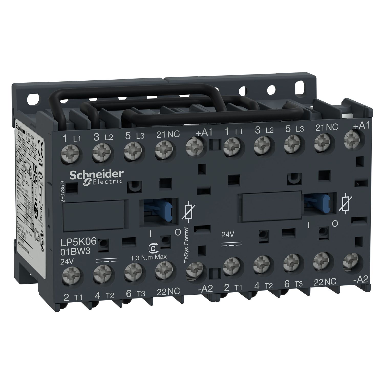 Picture of reversing Contactor, TeSys K, 3P, AC-3/AC-3e,440V 6A, 1NC, 24V DC low consumption coil