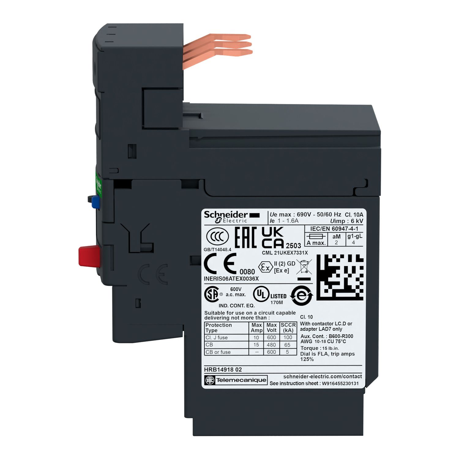 Picture of Thermal overload relay, TeSys LR.D, TeSys Deca, 690VAC, 9 to 13A, 1NO+1NC, class 10A, EverLink BTR screw