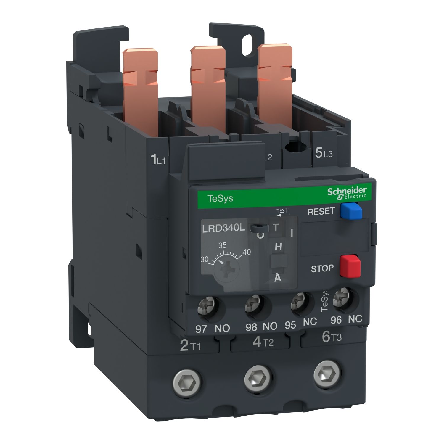 Picture of Thermal overload relay, TeSys Deca, 690VAC, 30 to 40A, 1NO+1NC, class 20, for D40A to D65A, EverLink BTR screw