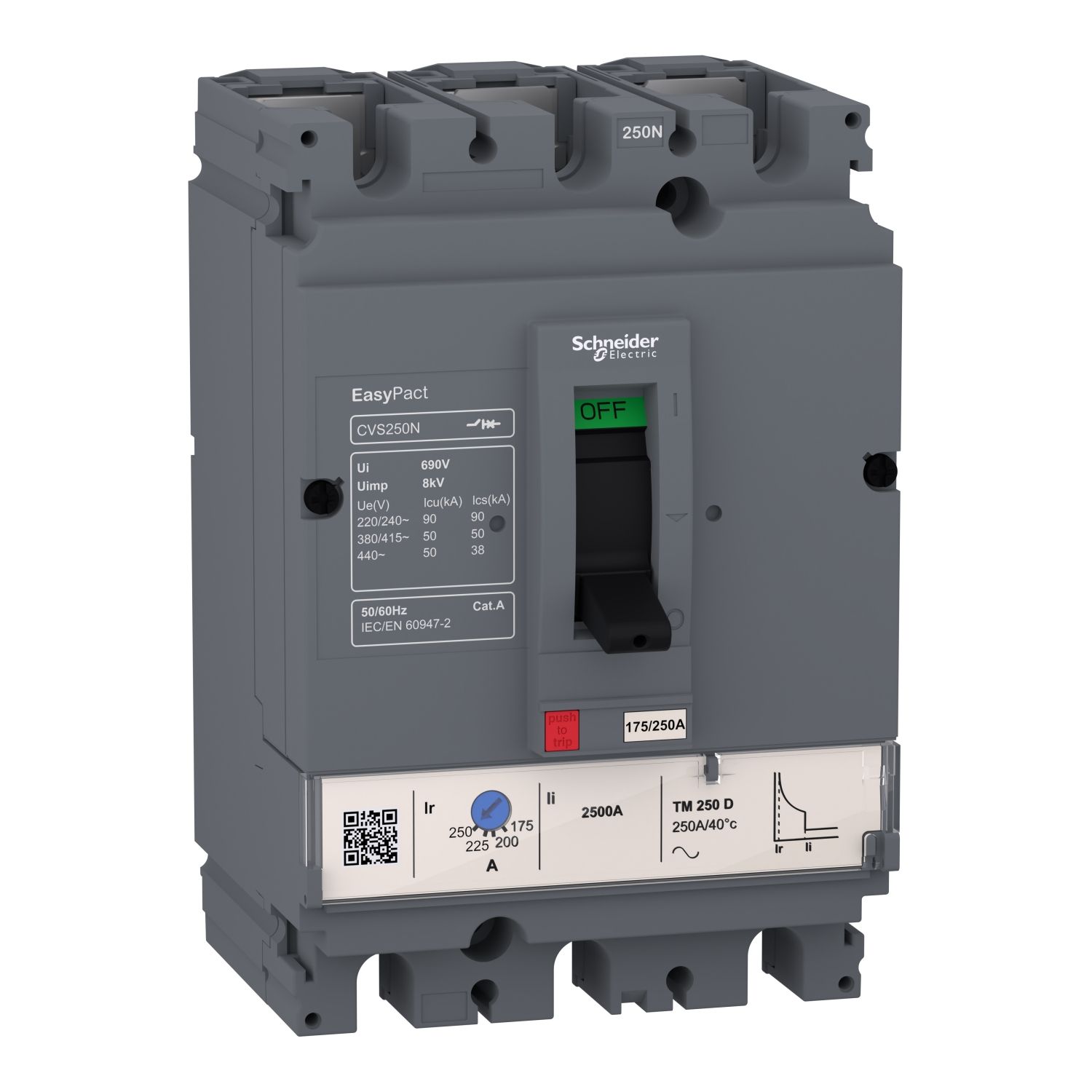 Picture of circuit breaker EasyPact CVS250N, 50kA at 415VAC, 250A rating thermal magnetic TM-D trip unit, 3P 3d