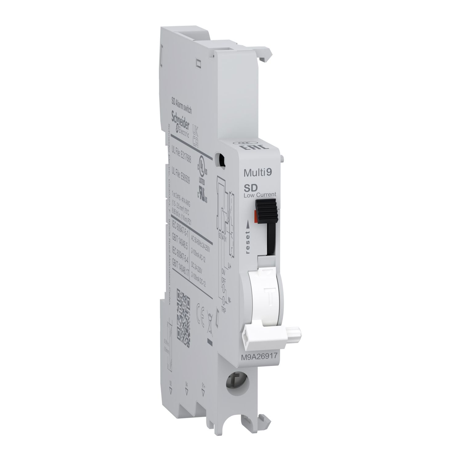 Picture of Auxiliary contact, Multi9, SD, 1 C/O, 2mA to 100mA, 24VAC to 250VAC, 24VDC to 220VDC, bottom connection