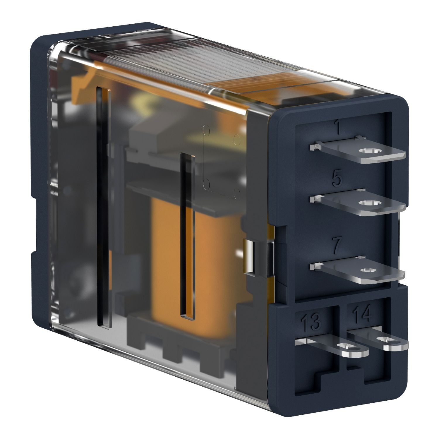 Picture of plug-in relay, Harmony electromechanical relays, 15A, 1CO, lockable test button, 120V AC