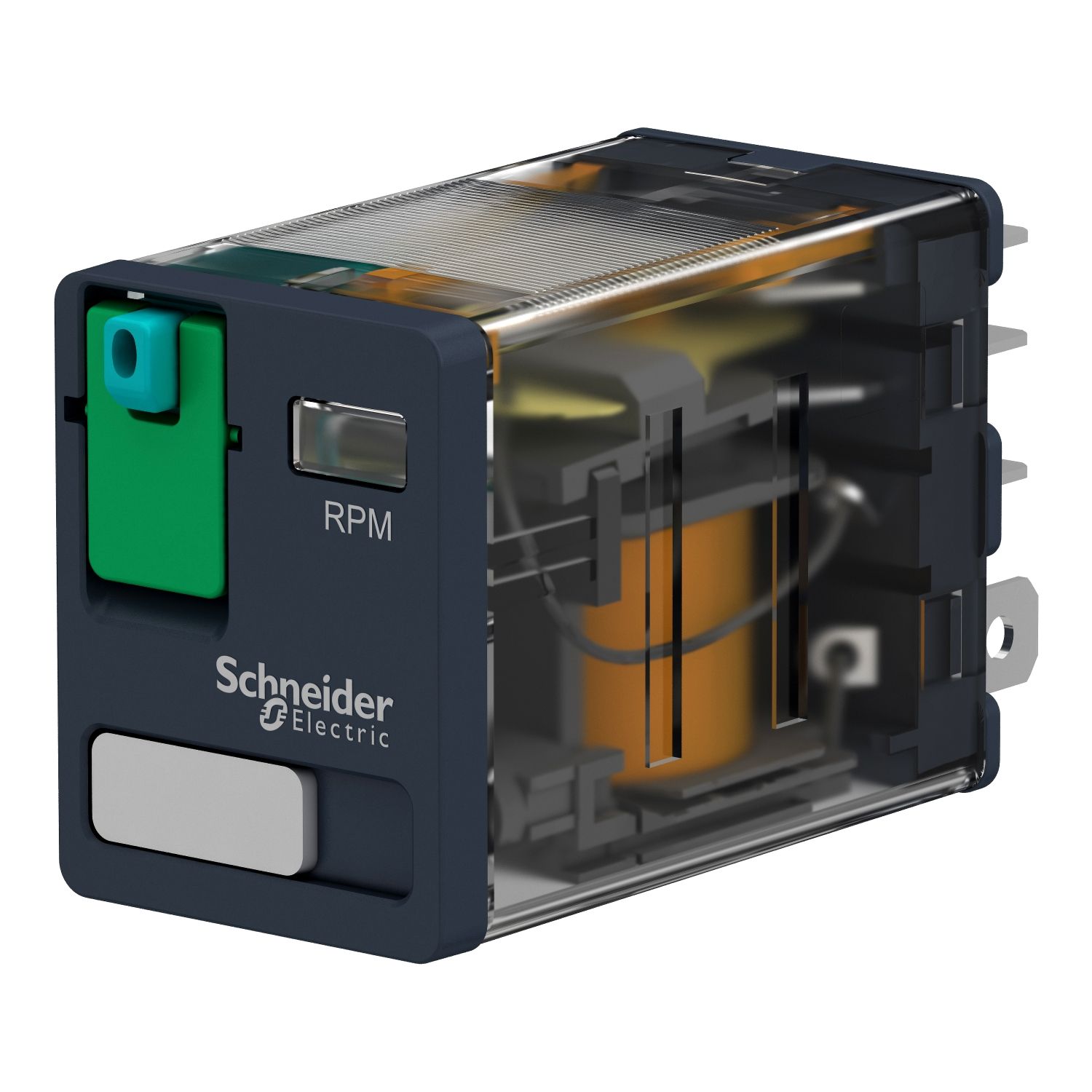 Picture of plug-in relay, Harmony electromechanical relays, 15A, 2CO, lockable test button, 12V DC