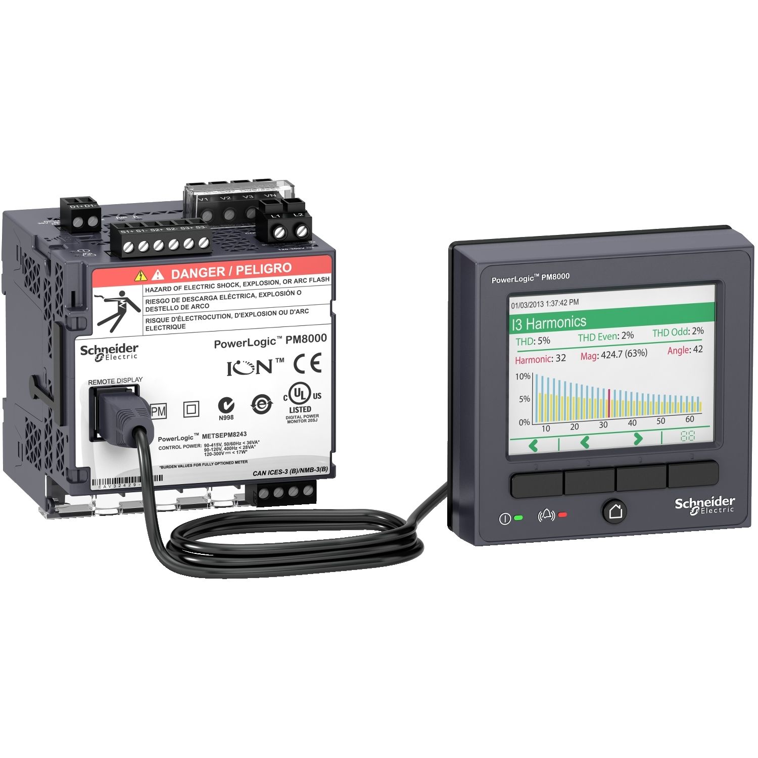 Picture of Power quality meter, PowerLogic PM8000, Essential, transducer and remote display, 64 MB, 128 s/c
