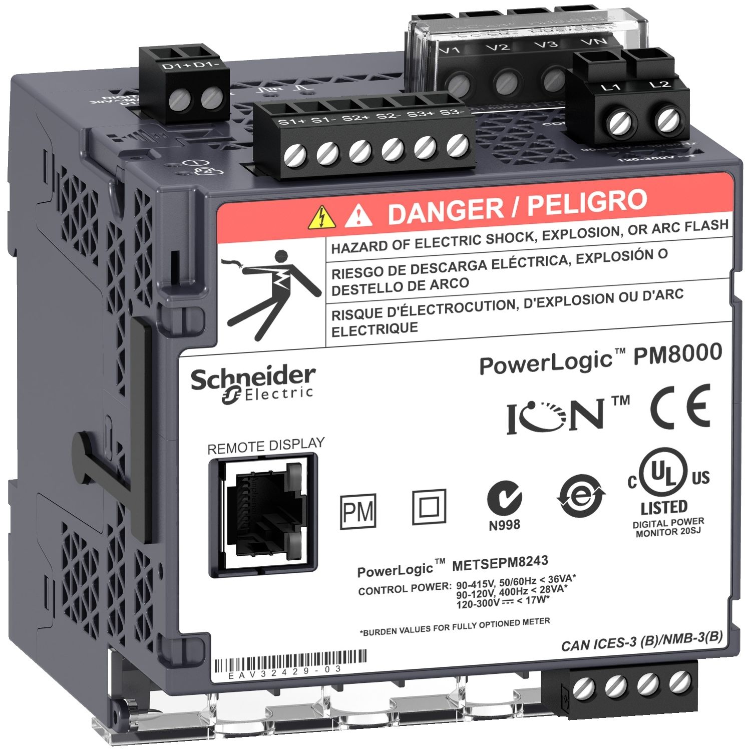 Picture of Power quality meter, PowerLogic PM8000, Advanced, transducer, 512 MB, 512 s/c