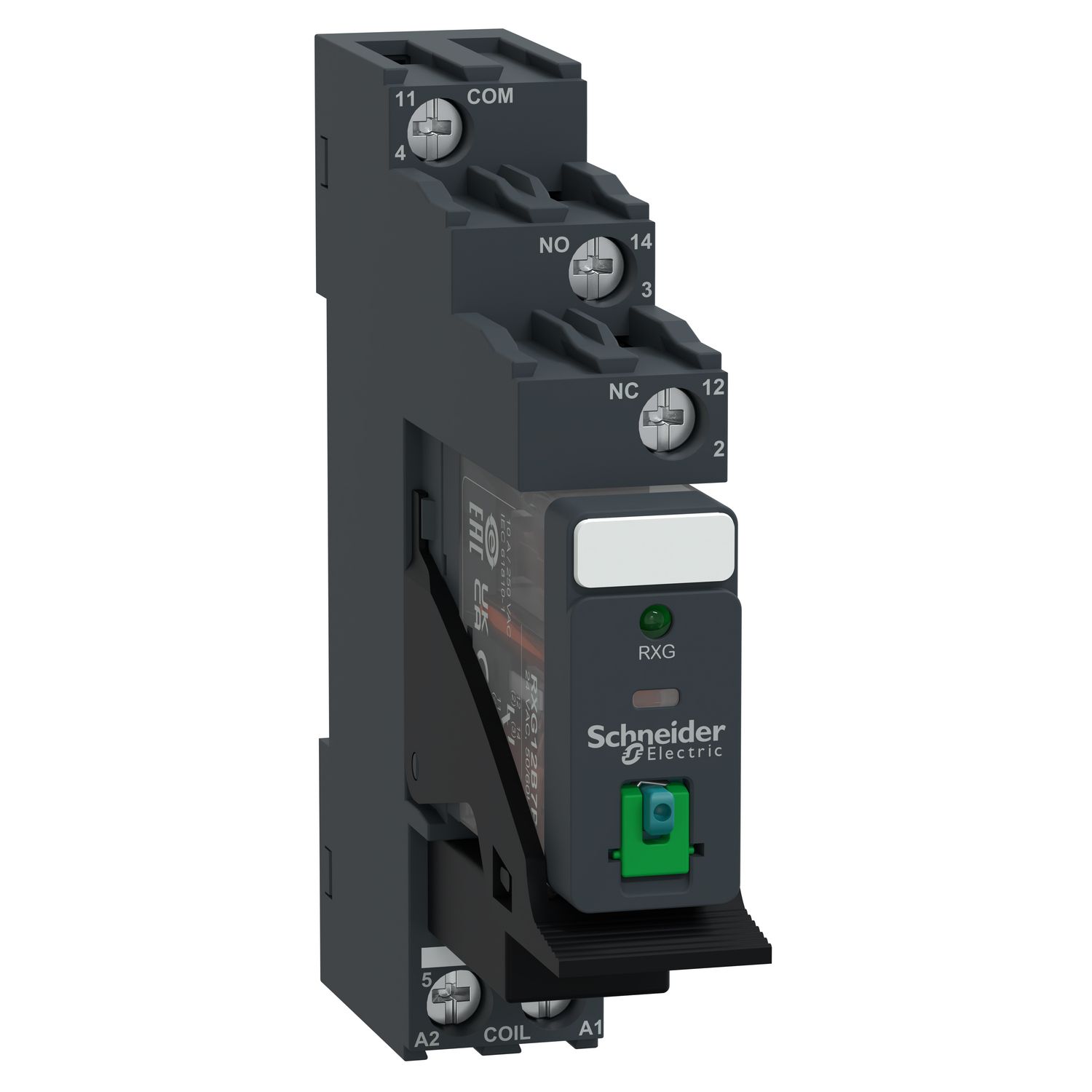 Picture of interface plug in relay, Harmony Electromechanical Relays,  pre assembled, 10A, 1CO, with LED, lockable test but to n, 24V DC