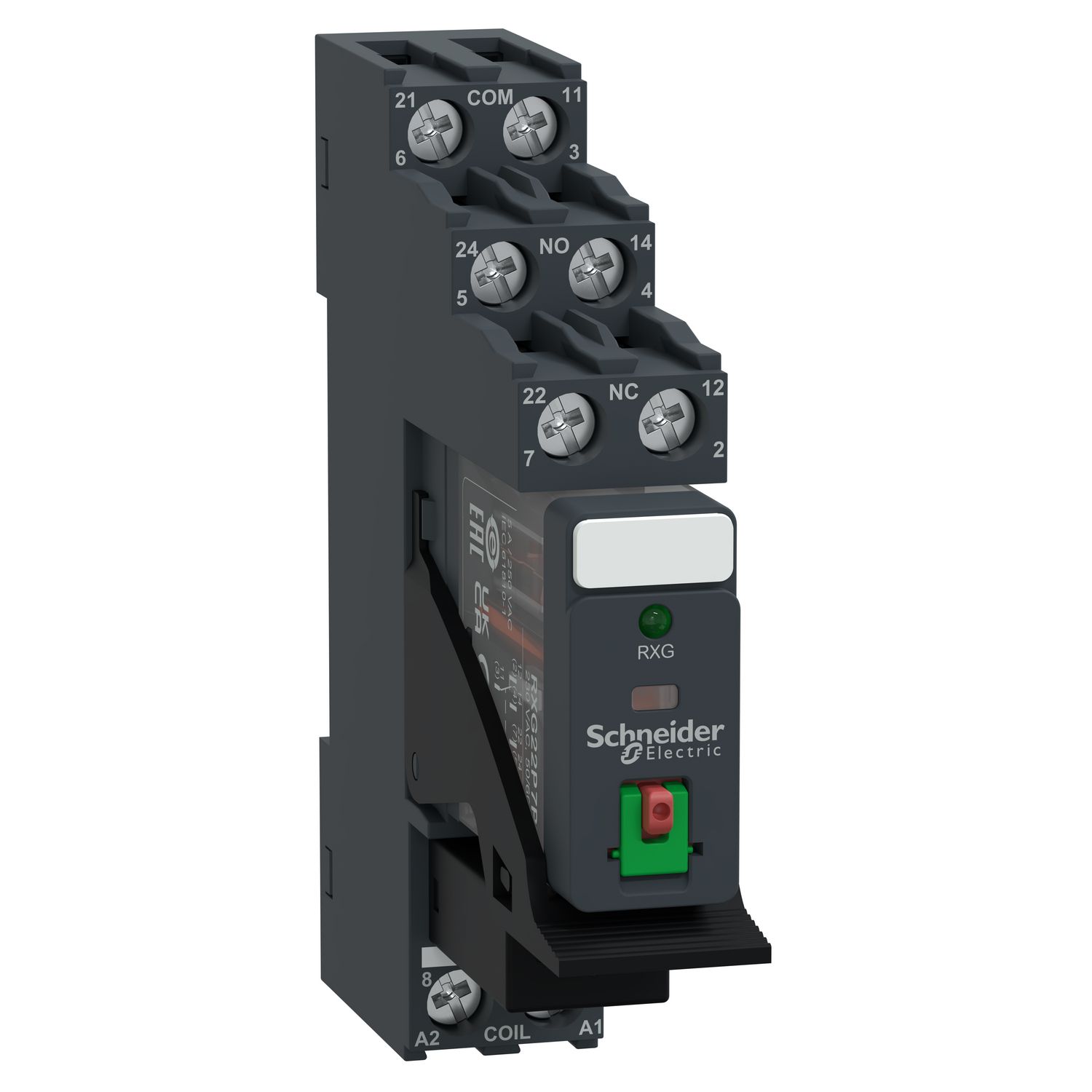 Picture of interface plug in relay, Harmony Electromechanical Relays, pre assembled, 5A, 2CO, with LED, lockable test but to n, 230V AC