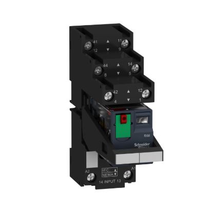 Picture of miniature, Harmony Electromechanical Relays, 12A, 2CO, with LED, with lockable test button, separate terminals socket, 24V AC