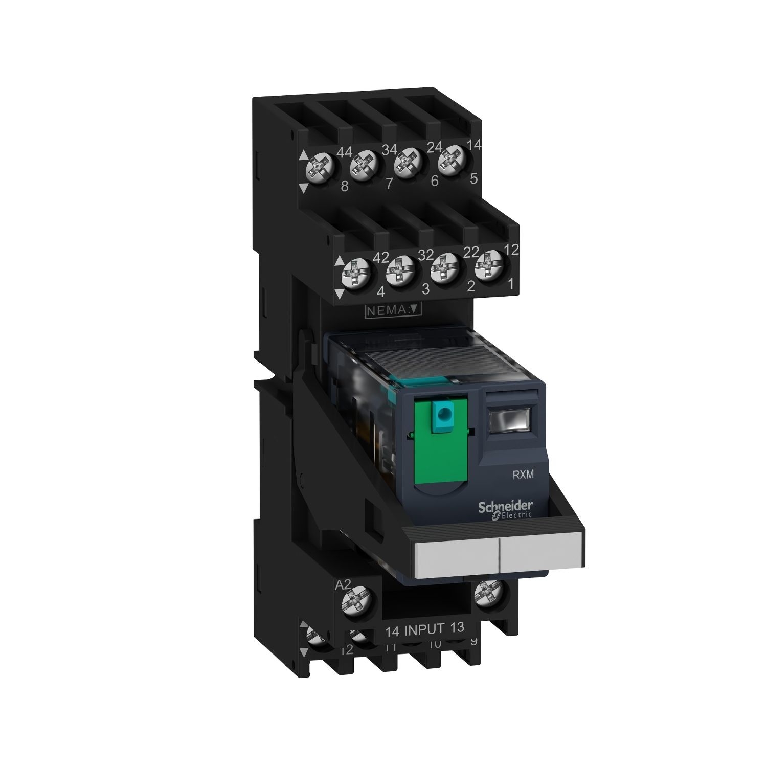 Picture of miniature plug in relay pre assembled, Harmony Electromechanical Relays, 6A, 4CO, with LED, lockable test but to n, mixed terminals socket, 24V DC
