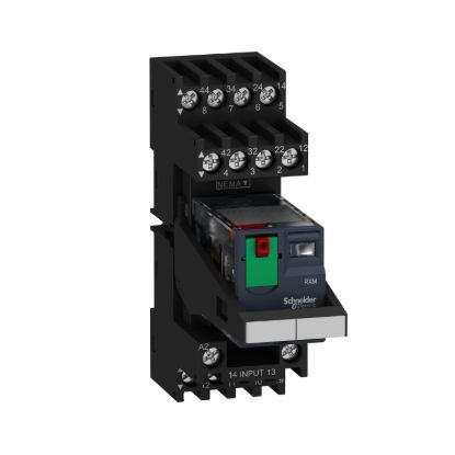 Picture of miniature plug in relay pre assembled, Harmony Electromechanical Relays, 6A, 4CO, with LED, lockable test but to n, mixed terminals socket, 230V AC