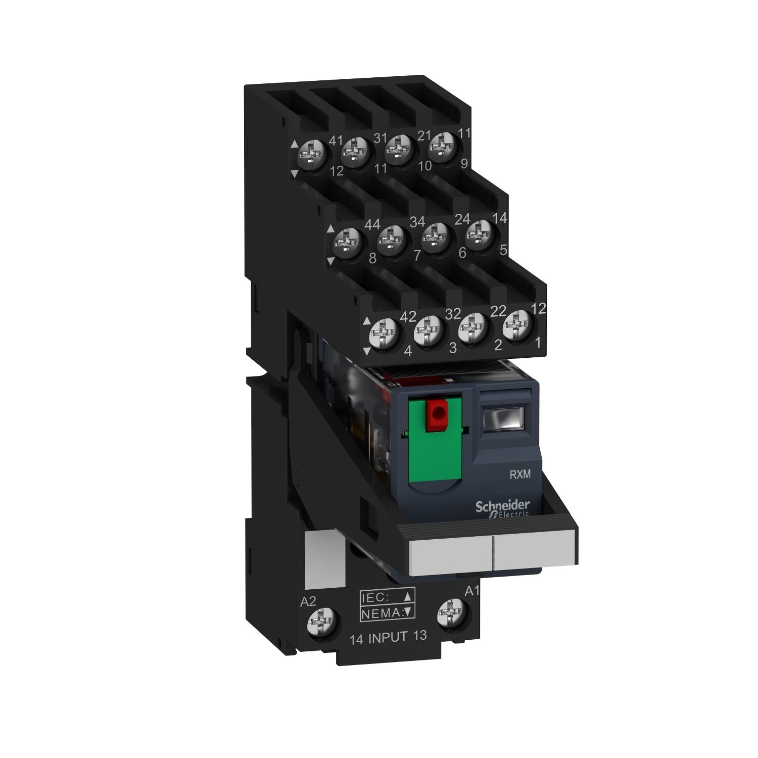 Picture of miniature, Harmony Electromechanical Relays, 6A, 4CO, with LED, with lockable test button, separate terminals socket, 230V AC