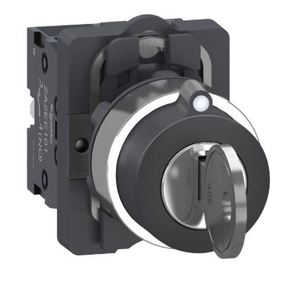 Picture of Complete key switch, Easy Harmony XA2, plastic head, 22mm, 3 positions, middle pull-out, 2NO, stay put