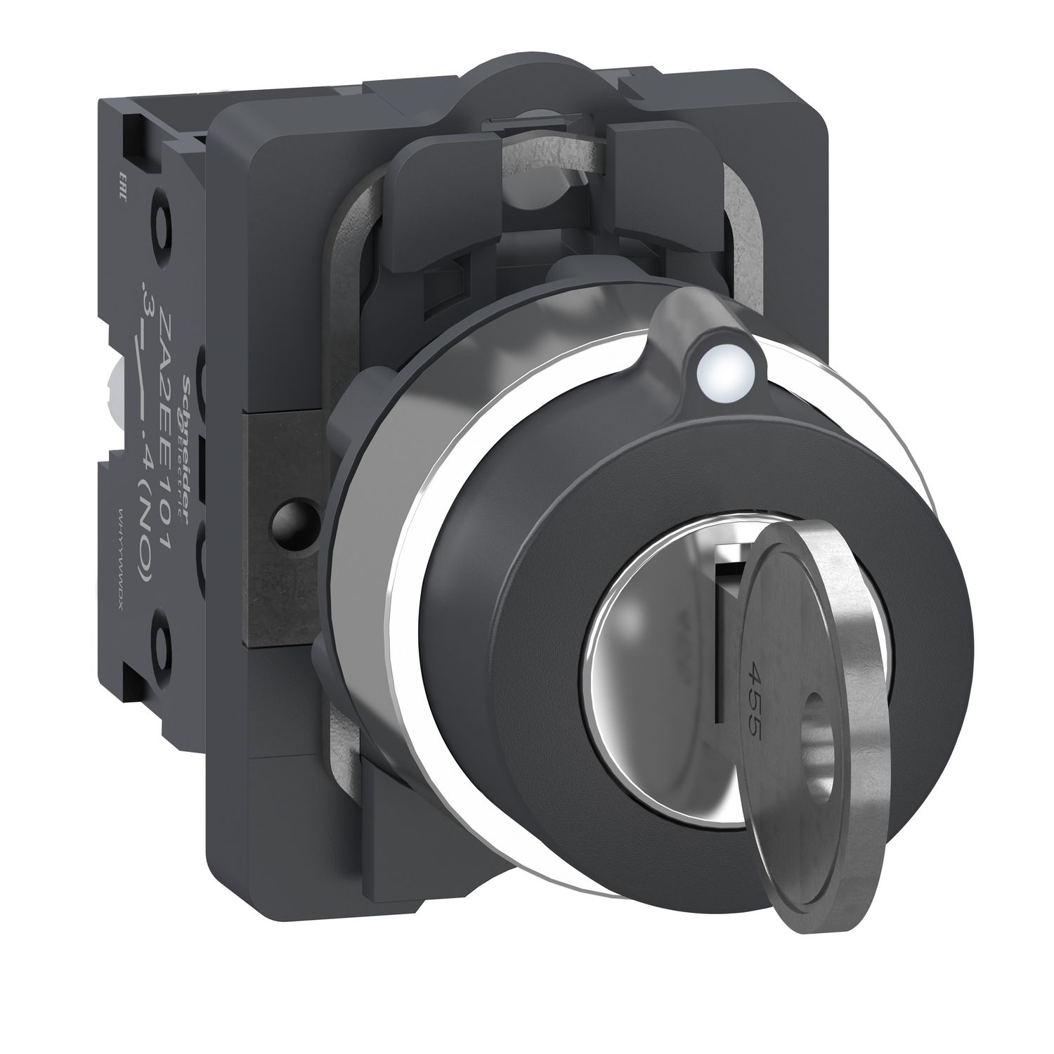 Picture of Complete key switch, Easy Harmony XA2, plastic head, 22mm, 3 positions, middle pull-out, 2NO, spring return