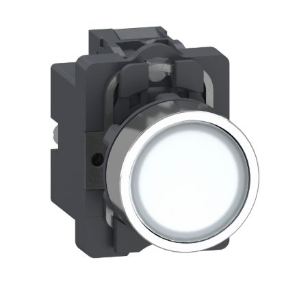 Picture of Complete illuminated push button, Easy Harmony XA2, plastic head, 22mm, white, 1NO, AC 380V, spring return