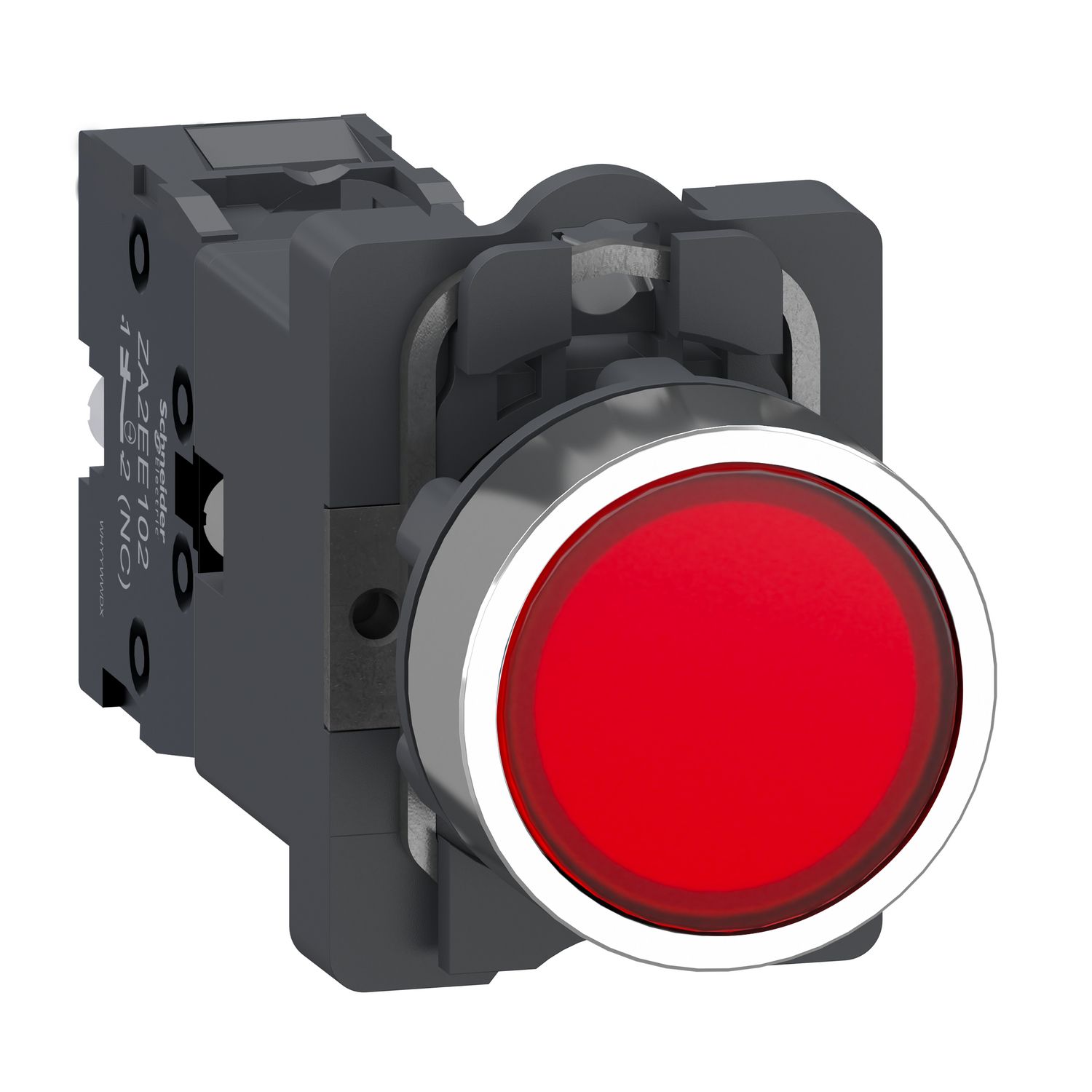 Picture of Complete illuminated push button, Easy Harmony XA2, plastic head, 22mm, red, 1NC, AC/DC 24V, spring return