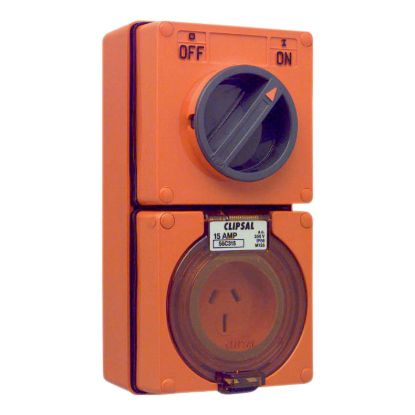 Picture of Switched Socket Outlet, Clipsal - 56 Series, 250V, 15A, 3 Flat PIN, IP66, 1 Pole, ICOM Controls