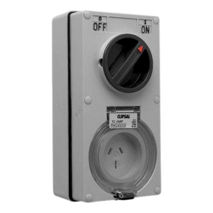 Picture of Switched Socket Outlet, Clipsal - 56 Series, 250V, 10A, 3 Flat PIN, IP66, 1 Pole, Vertical