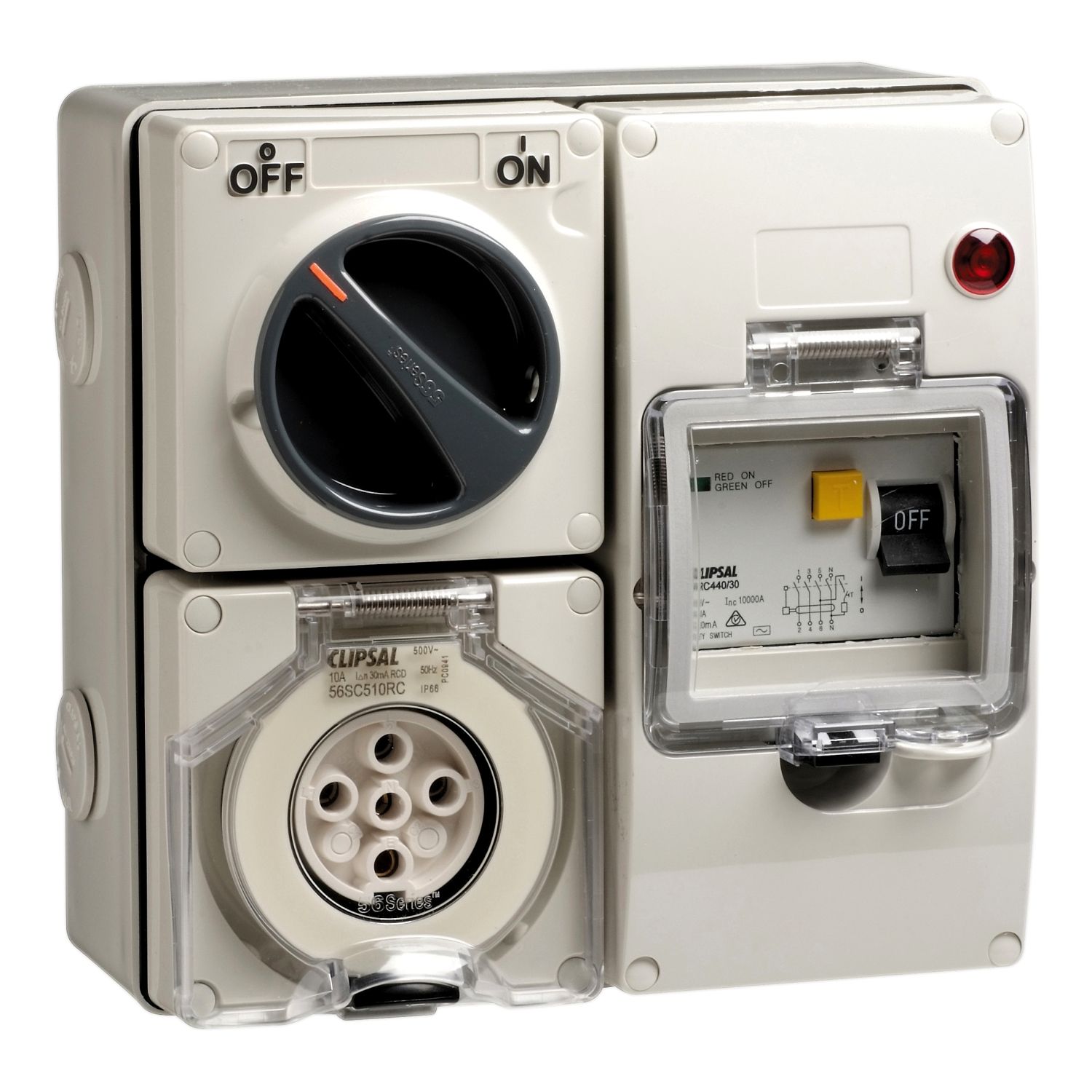 Picture of RCD Protected Switched Socket Outlet, Clipsal - 56 Series, 500V 10A 5 Round PIN IP66, 3 Pole, 30mA RCD