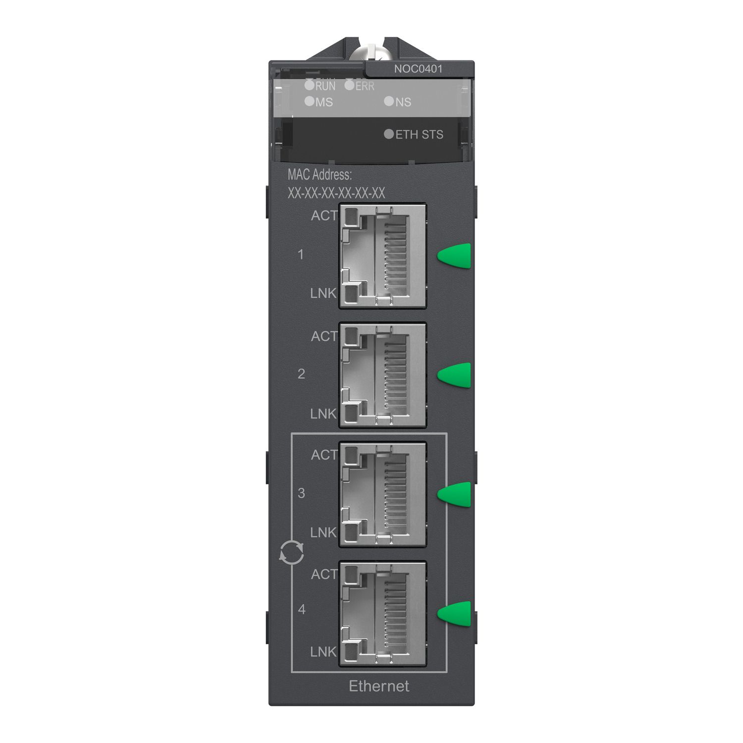 Picture of network module, Modicon M340, EtherNet/IP and Modbus/TCP, 4 x RJ45
