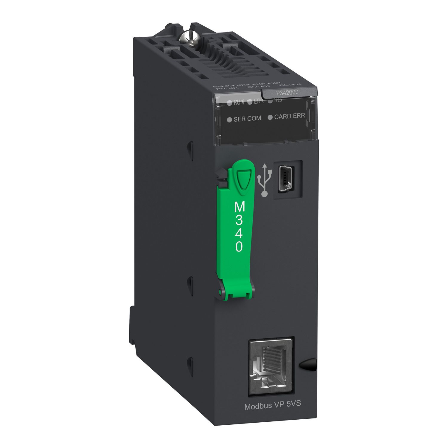 Picture of processor, Modicon M340, max 1024 discrete, 256 analog IO, Modbus