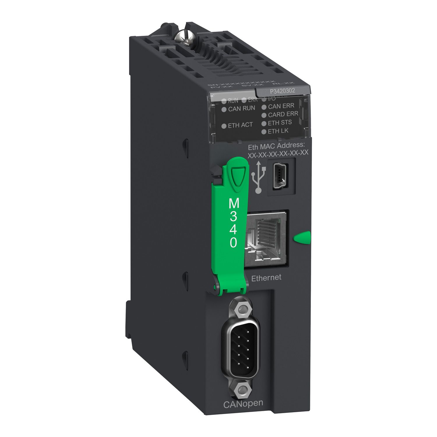 Picture of processor, Modicon M340, max 1024 discrete, 256 analog IO, CANopen, Ethernet