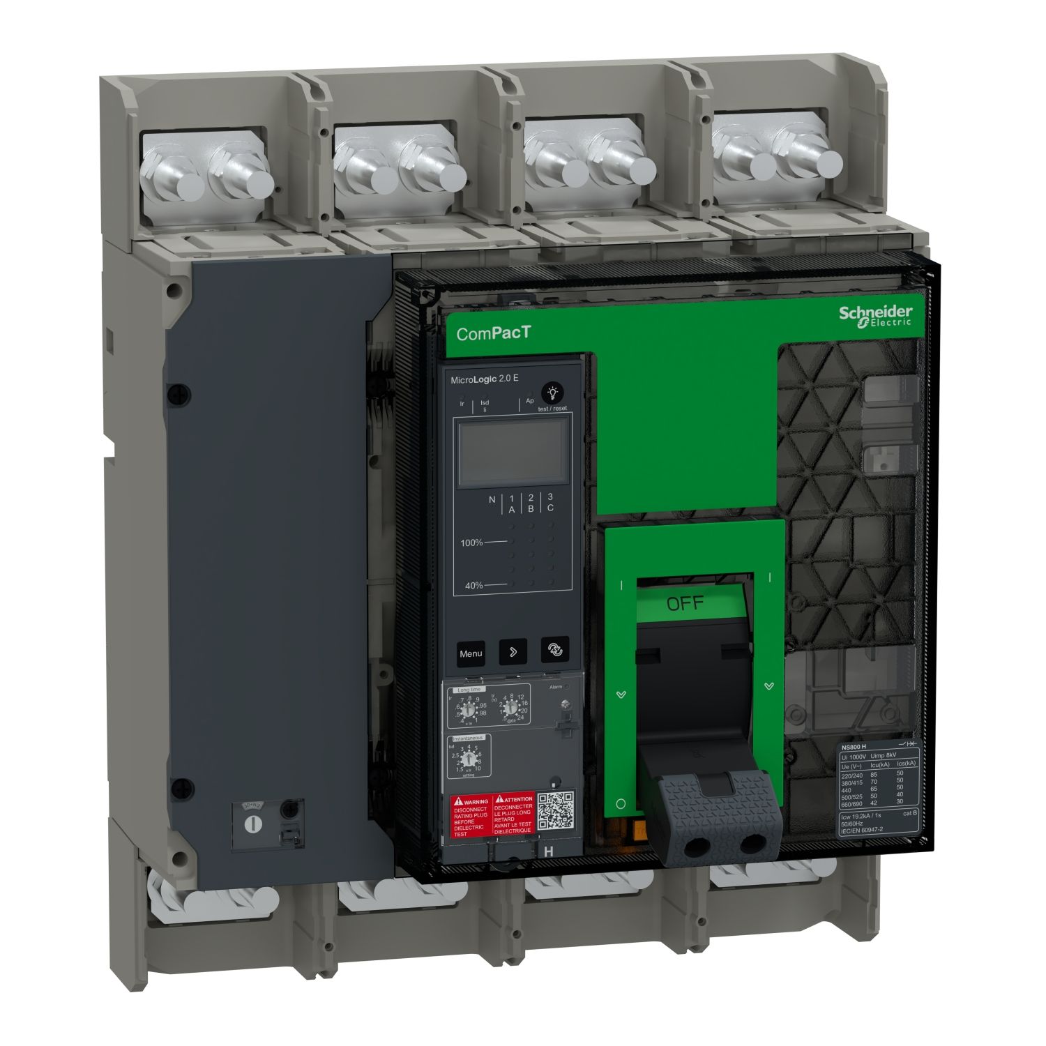 Picture of Circuit breaker, ComPacT NS800H, 70kA at 415VAC, 4P, fixed, manually operated, MicroLogic 2.0E control unit, 800A