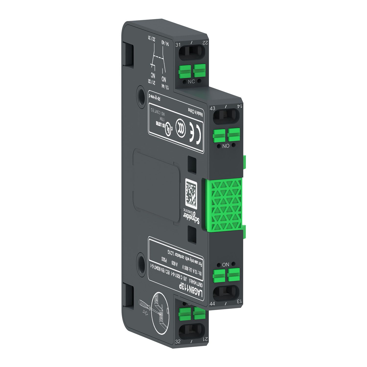 Picture of Auxiliary contact block,TeSys Giga contactor,1NO + 1NC,lateral face side mounting,push-in terminals L1/R1