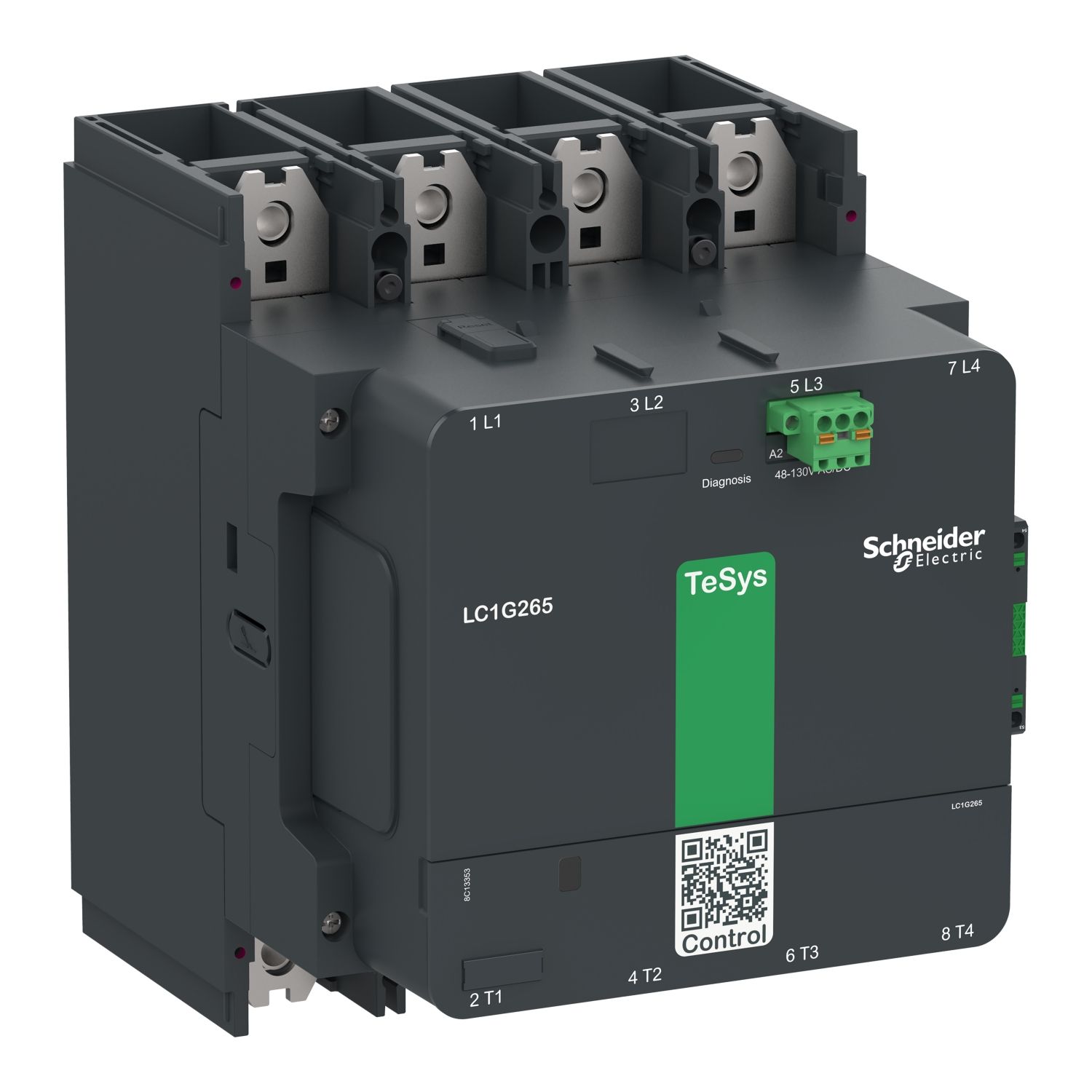 Picture of High power contactor, TeSys Giga, 4 pole (4NO), AC-1 <=440V 385A, standard version, 48…130V wide band AC/DC coil