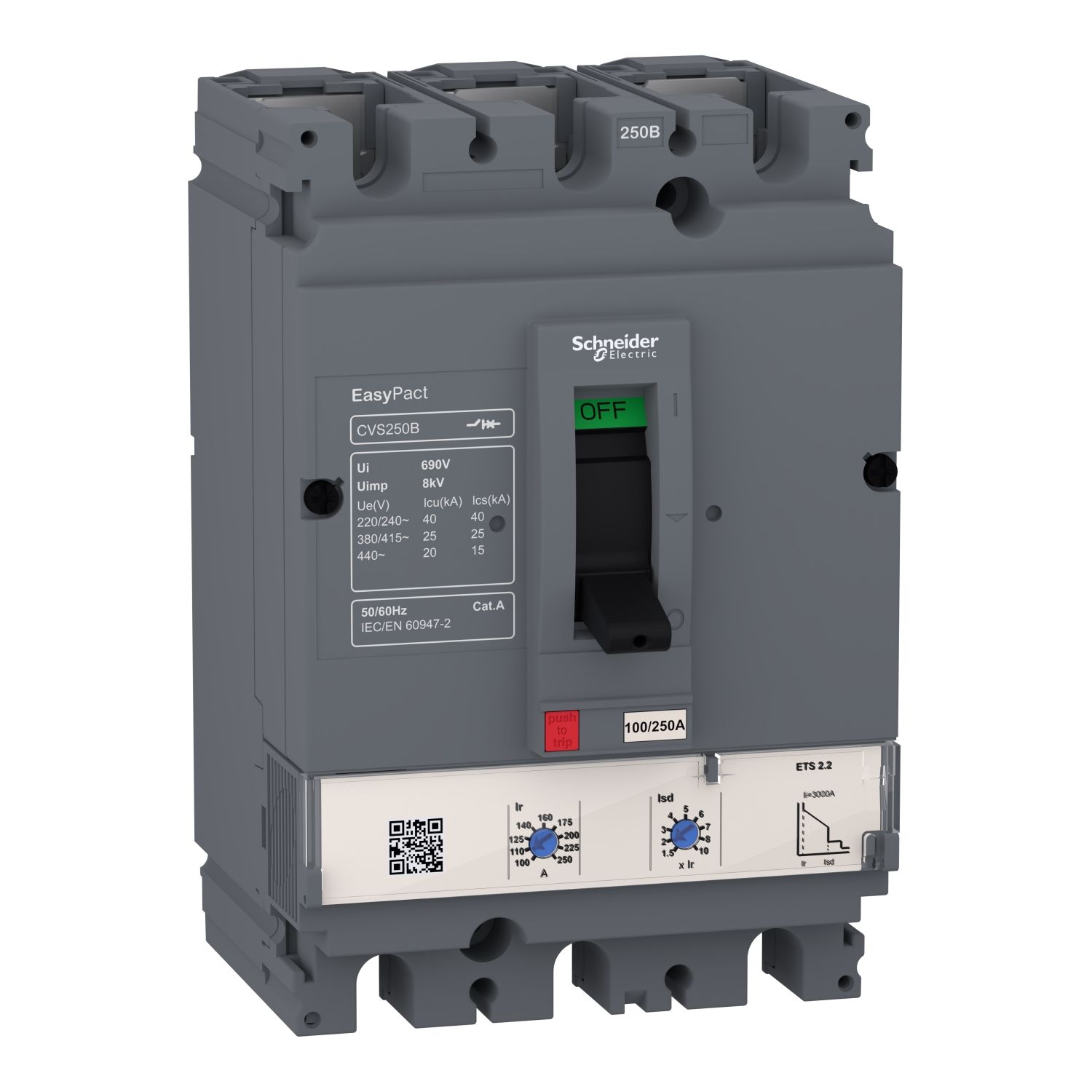 Picture of circuit breaker, EasyPact CVS100B, 25kA at 415VAC, ETS 2.2, 100A, 3P 3d