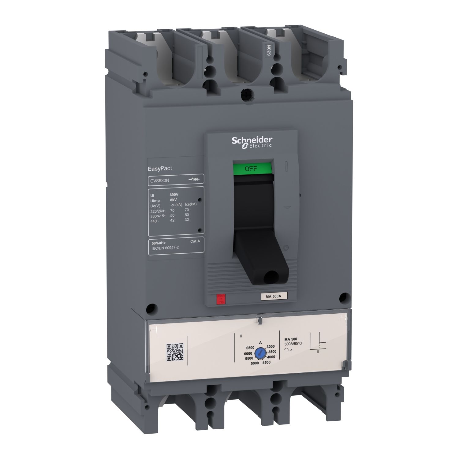 Picture of circuit breaker, EasyPact CVS630N, 50kA at 415VAC, 500A, MA trip unit, 3P3d