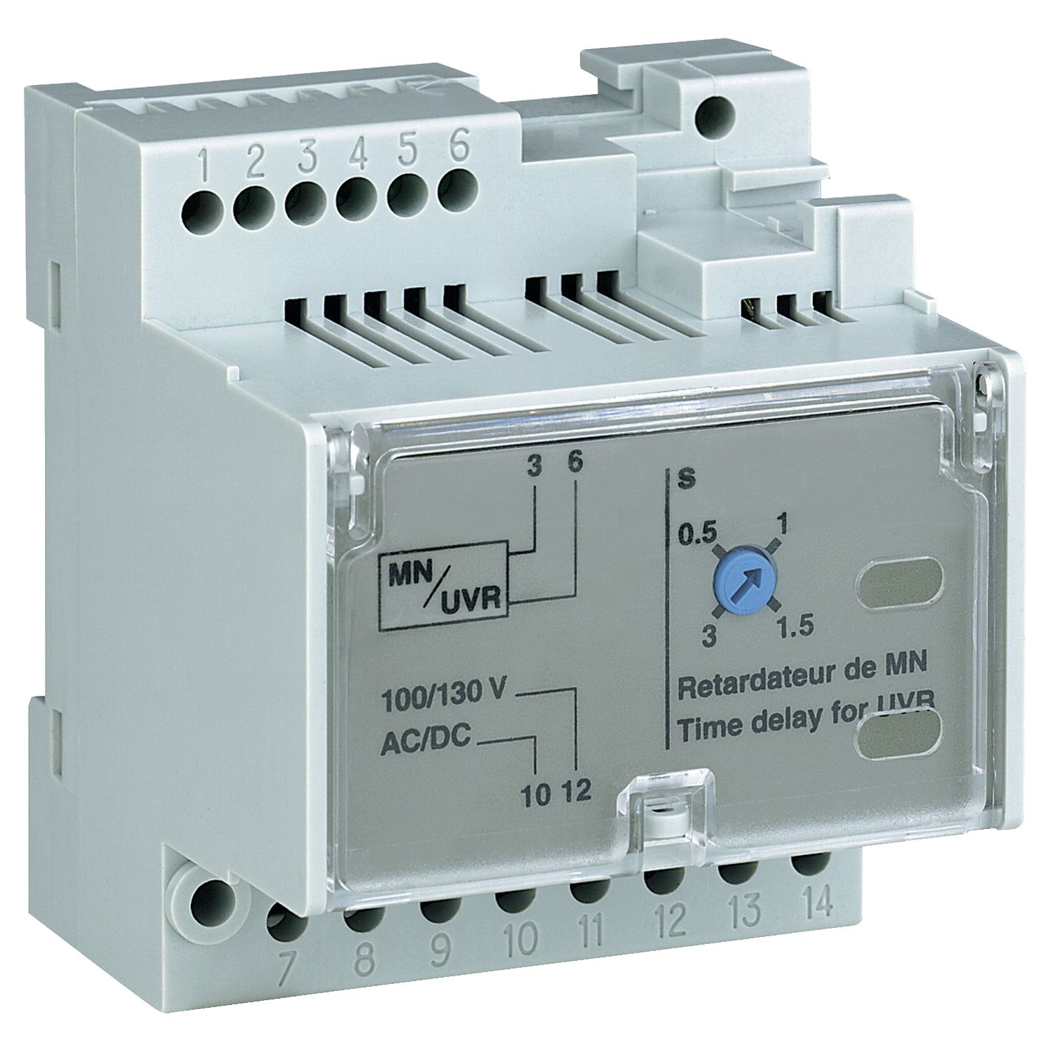 Picture of MN delay unit, MasterPact MTZ, adjustable time delay 0.5s to 3s, 200/250VDC, 200/250VAC 50/60Hz, spare part