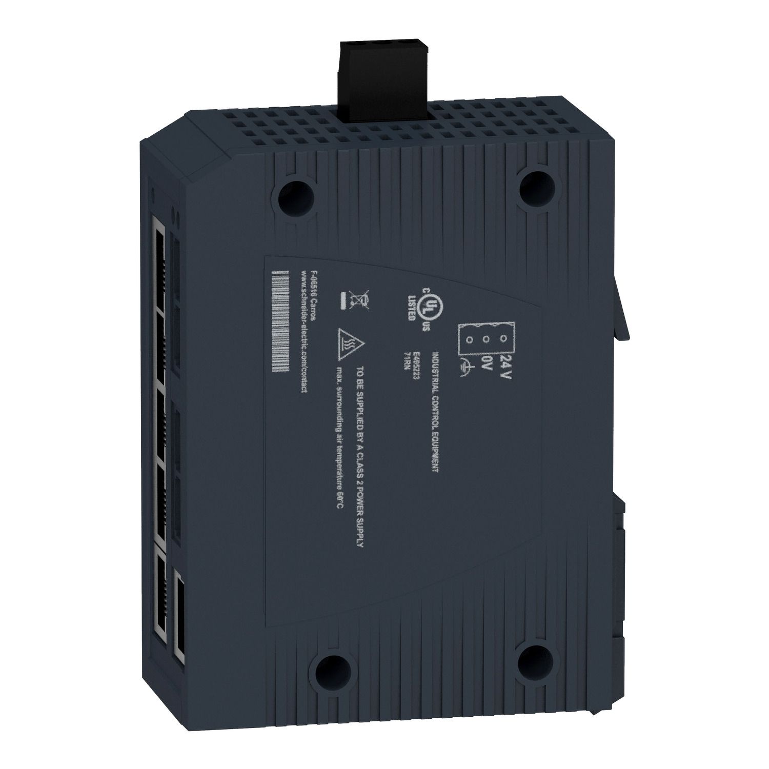 Picture of network switch, Modicon Networking, standard unmanaged, 6 ports for copper with 2 ports for singlemode fiber optic