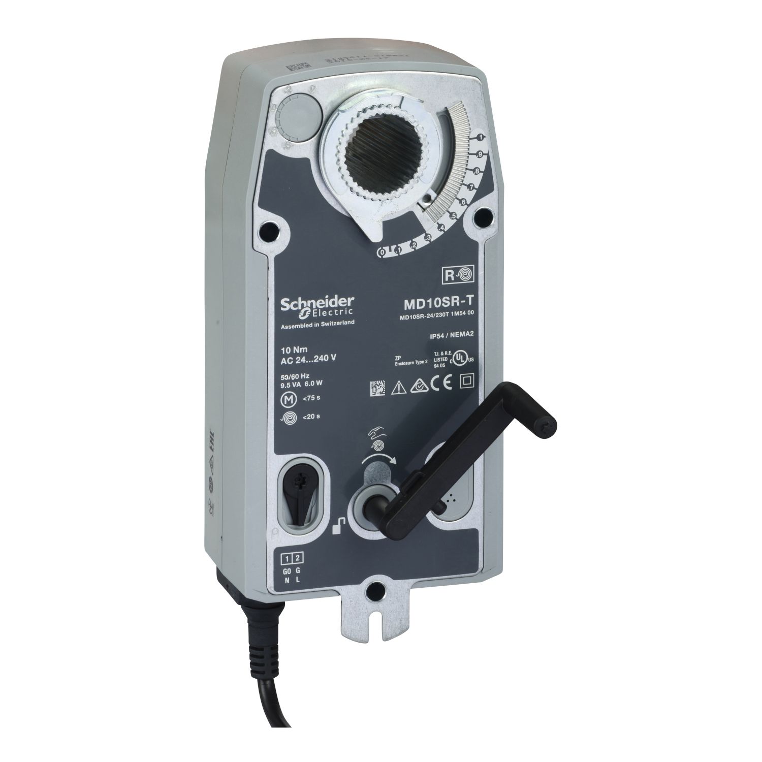 Picture of MD20-SR Damper Actuator, 2-Position or 3-Wire Floating, Spring Return, 110-240Vac / 24-125Vdc, 1m Cable, 20Nm, IP54