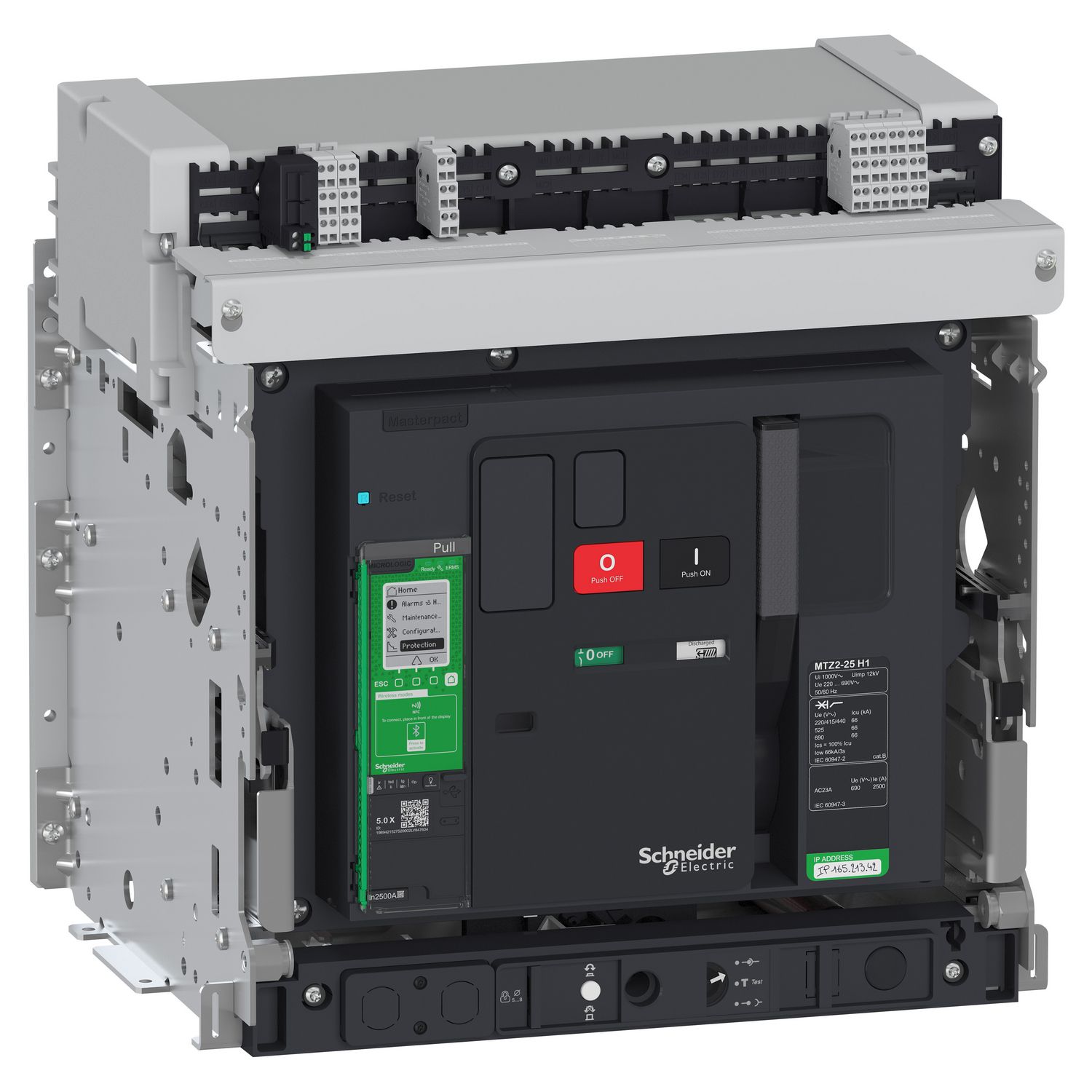Picture of Circuit breaker, MasterPact MTZ2 25H1 (66kA/415VAC), 3P, 2500A, drawout, manually operated, MicroLogic 5.0X control unit