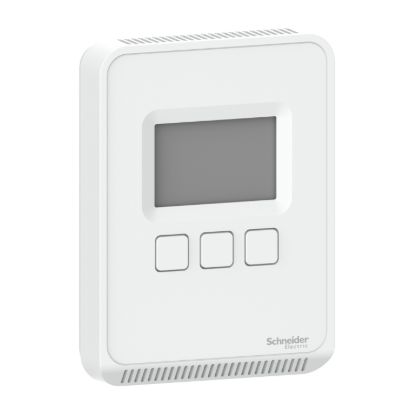 Picture of Sensor, SpaceLogic SLP Series, room, CO2, VOC, temperature, segmented LCD, BACnet MSTP/Modbus outputs, matte white housing