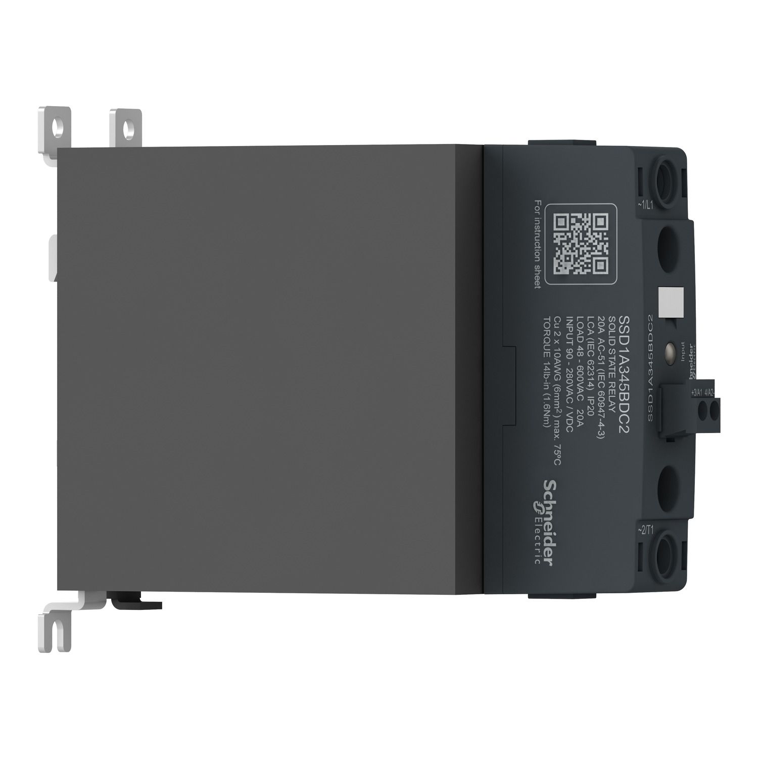 Picture of DIN rail mount, Harmony Solid State Relays, 60A, zero Voltage switching, contactor configuration screw input, input 4 to 32V DC, output 48 to 600V AC