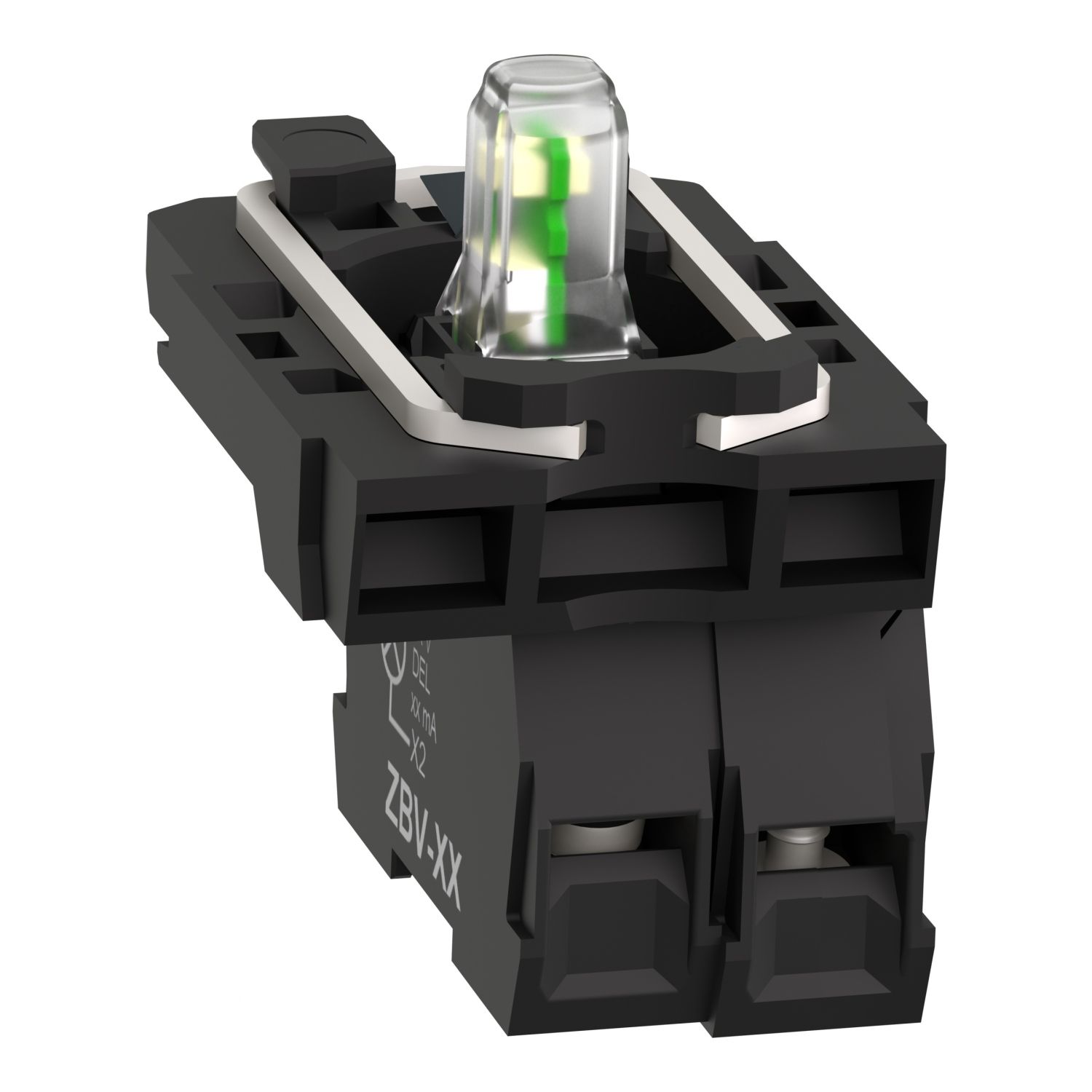 Picture of Complete body contact assembly and light block, Harmony XB5, XB4, with body fixing collar, universal LED, 24V 1NC